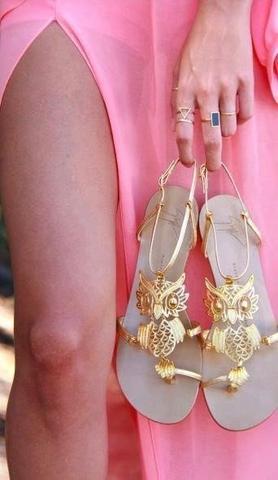 Sandalen mit Eulen - (Schuhe, Gold, eule)
