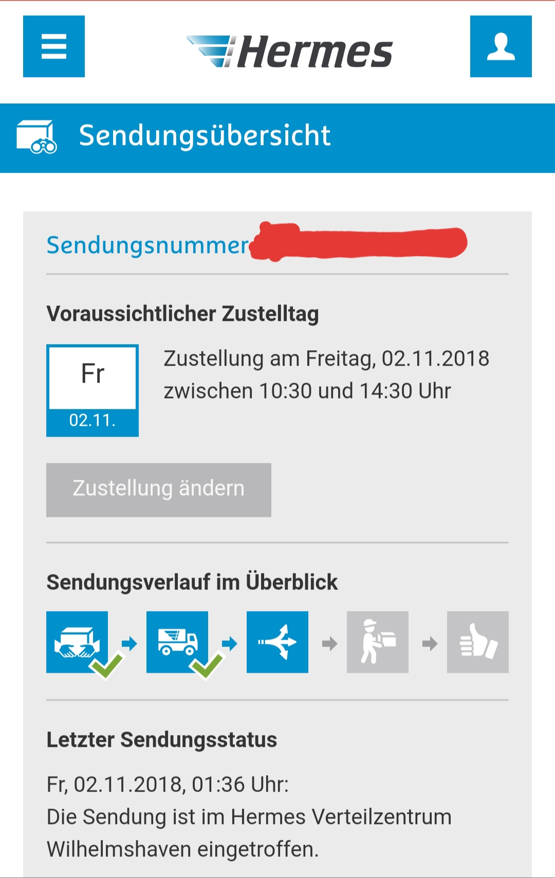 Hermes Sendung im Verteilzentrum meiner Stadt eingetroffen, aber es