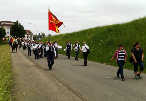 Heute liefen paar leute mit ein paar Flaggen und viele Pferde durch die Strasse in der Schweiz. Mit Polizei begleitung. Es sah Katholisch aus.?