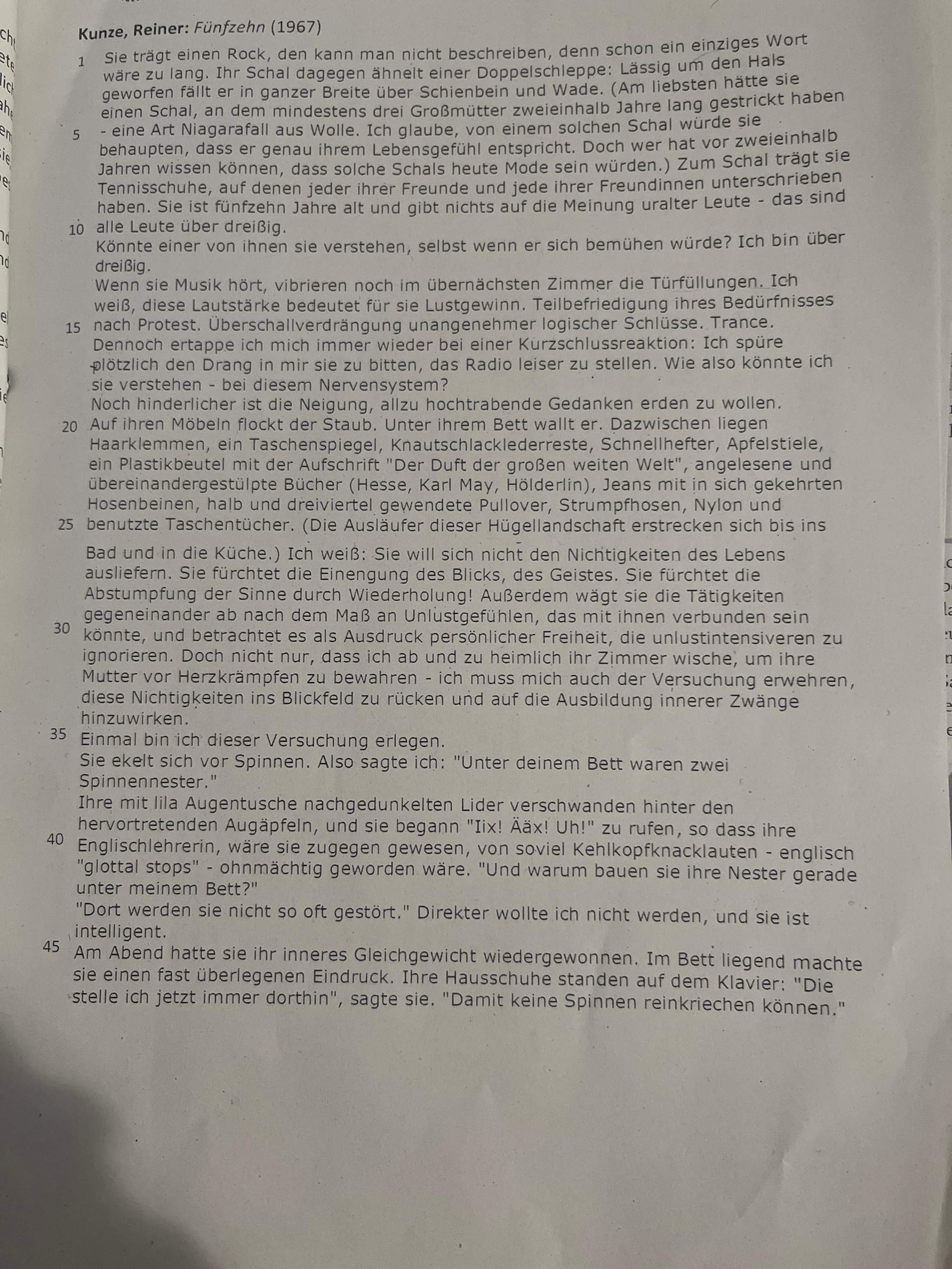 Inhaltsangabe Fünfzehn Von Reiner Kunze Hi, kann jemand mir helfen ich muss ein Kurzgeschichte analysieren von