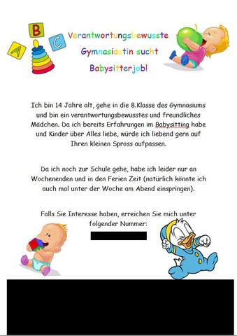 Mein Flyer. Bei den schwarzen Flächen steht eigentlich meine Handynummer - (Kinder, Job, Baby)