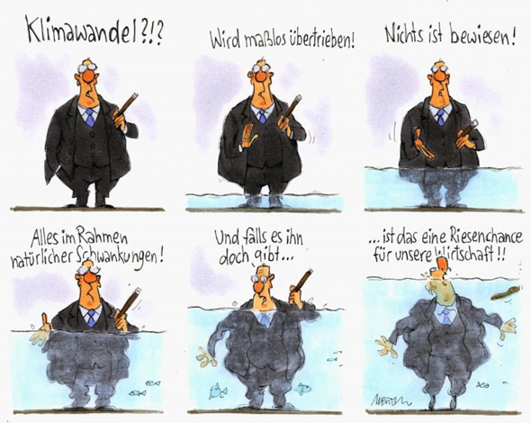 Hilfe bei Deutung Karikatur Umwelpolitik/ Klimawandel verleumdung [Gerhard Mester]?