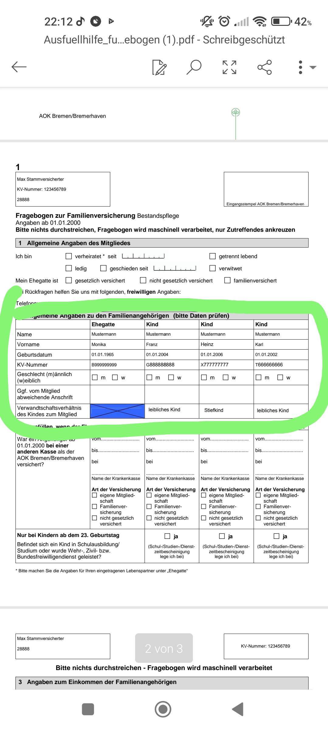 Hilfe beim AOK Fragebogen? (Leben, Familie, Versicherung)