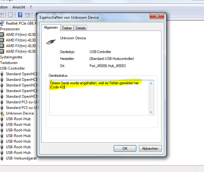 Hilfe! Unknown DEvice, fehler code 43 windows gerätemanager. Kard