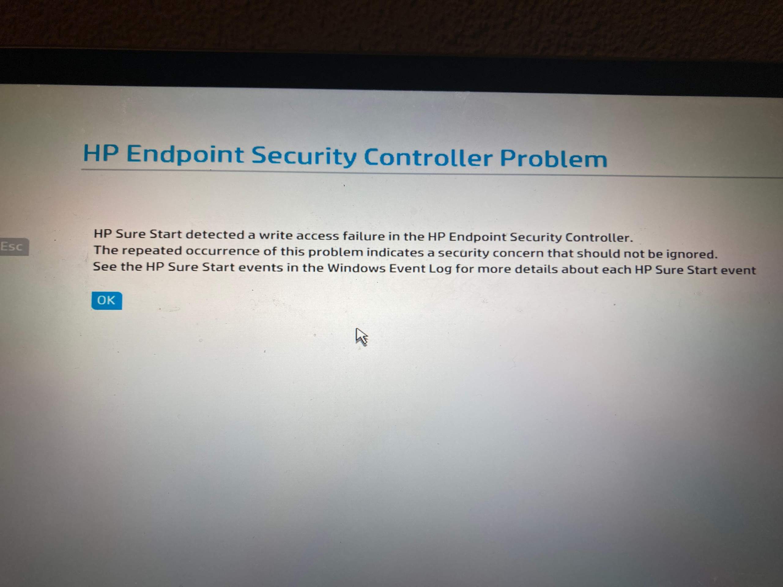 Hpendpoint Security Controlor Problem HP Sure Start event, was tun? (hochfahren)