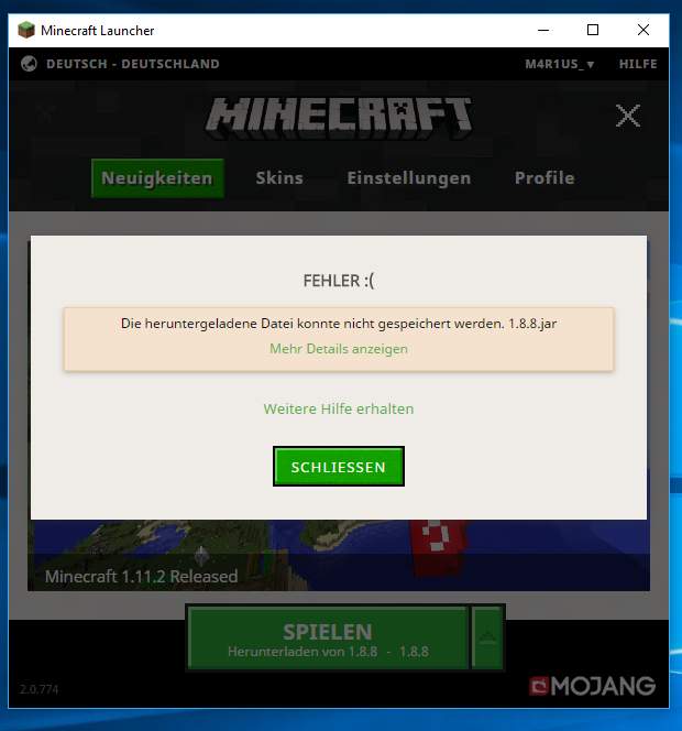 minecraft launcher update error