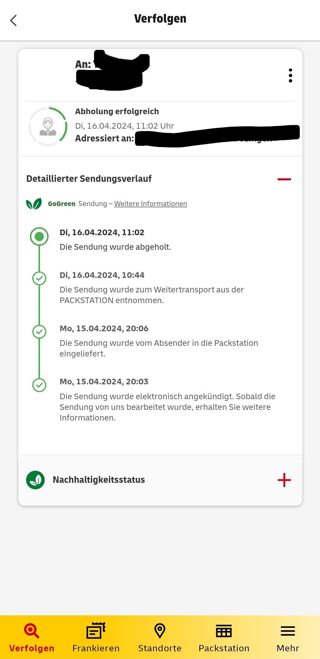 Ich habe über dhl ein paket verschicktund seit 1 Woche steht dort ,,Erfolgreich abgeholt", das