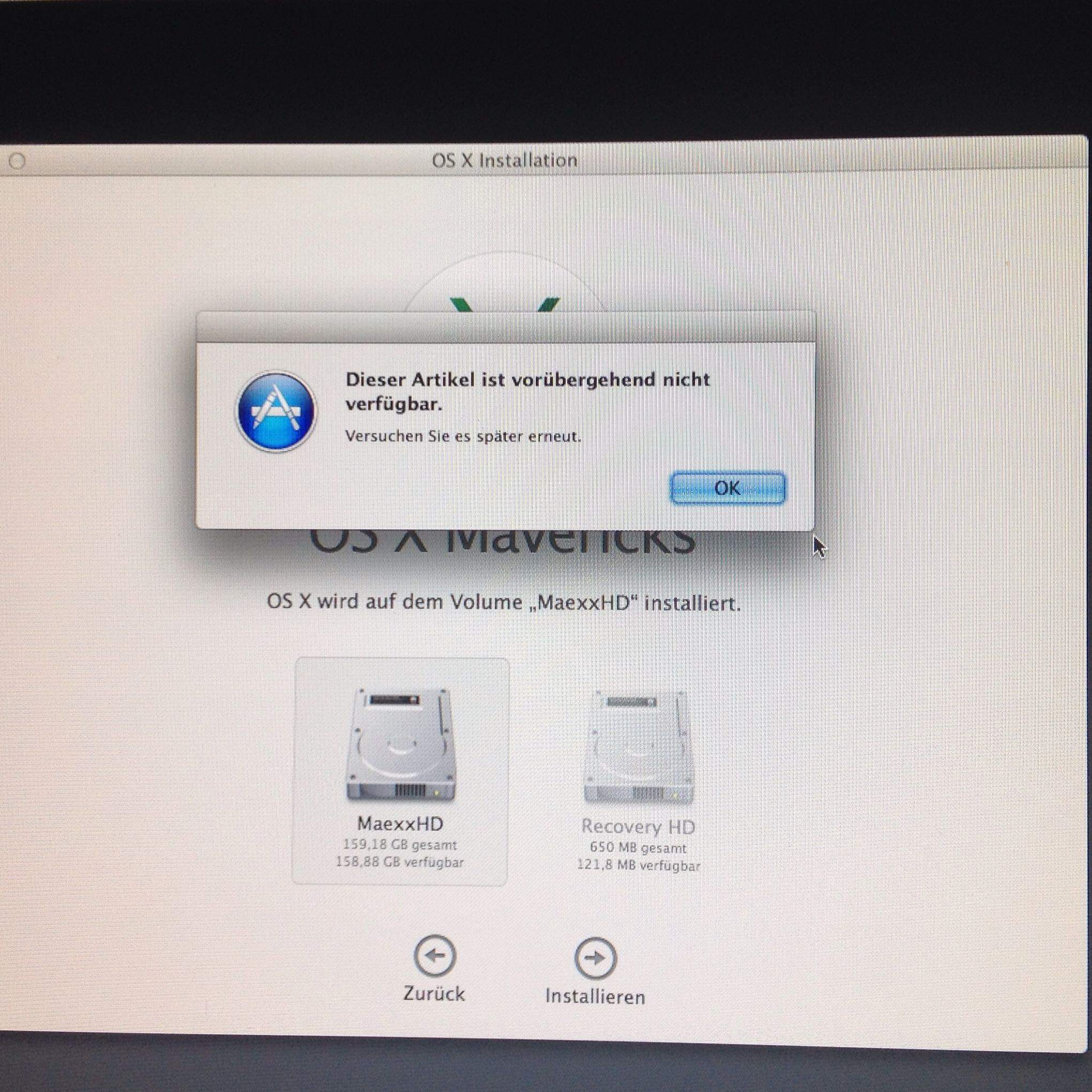 Ich hatte meinen IMac zurückgesetzt und wenn ich das OS X neu installieren  will kommt die Meldung: Dieser Artikel ist vorübergehend nicht verfügbar.?  (Apple)