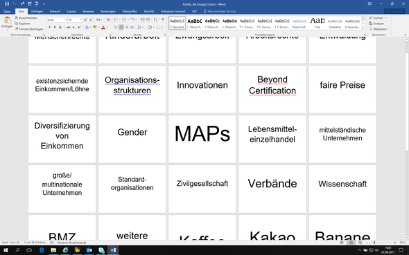 Screenshot der Wörter, die auf die Postits zentral abgebildet sollen - (Word, zentrale)