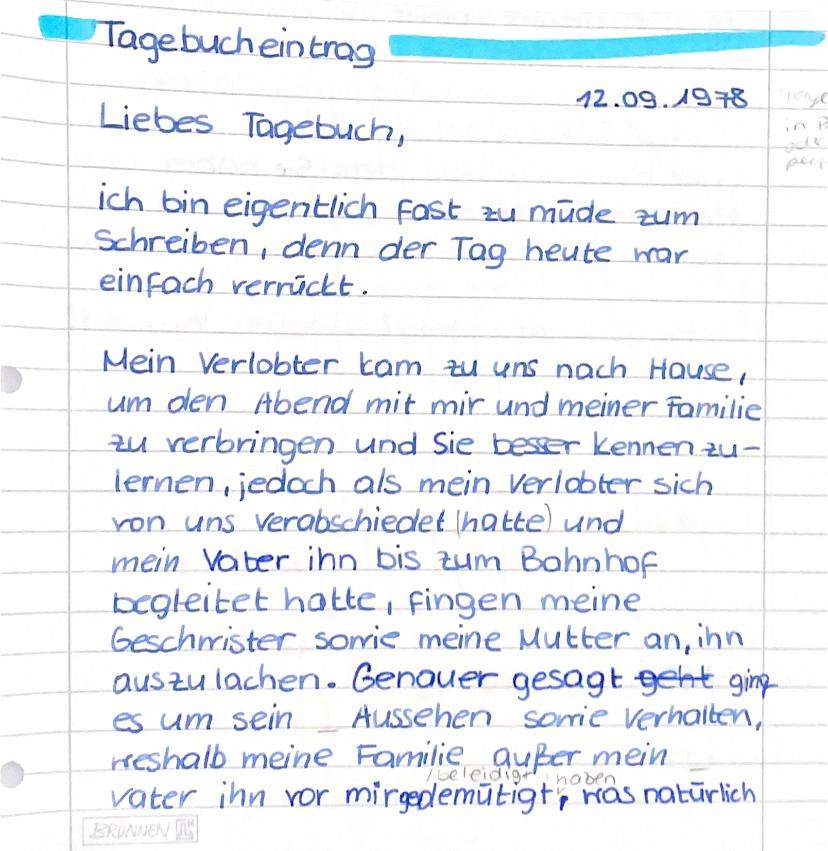 Ich muss bei dem Tagebucheintrag die Gedanken und Gefühle ergänzen