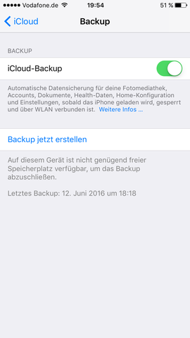 Backup funktioniert nicht, trotz neuen Speicher  - (iPhone, App, Speicher)