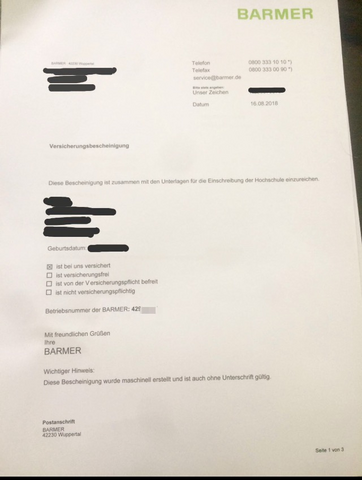 Immatrikulation Versicherungsnachweis Barmer Ausfullen