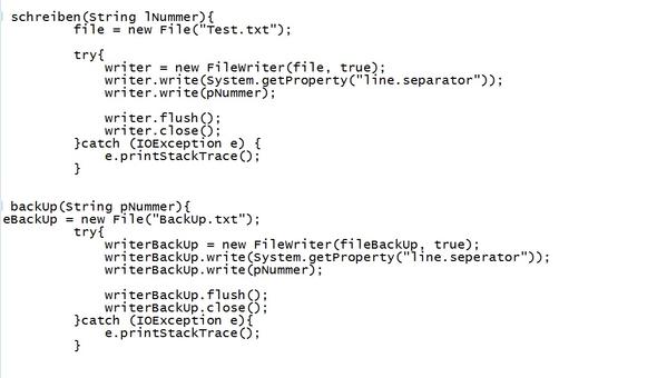 Quellcode der Methoden "schreiben" und "backUp" - (Schreiben, Java, Textdatei)