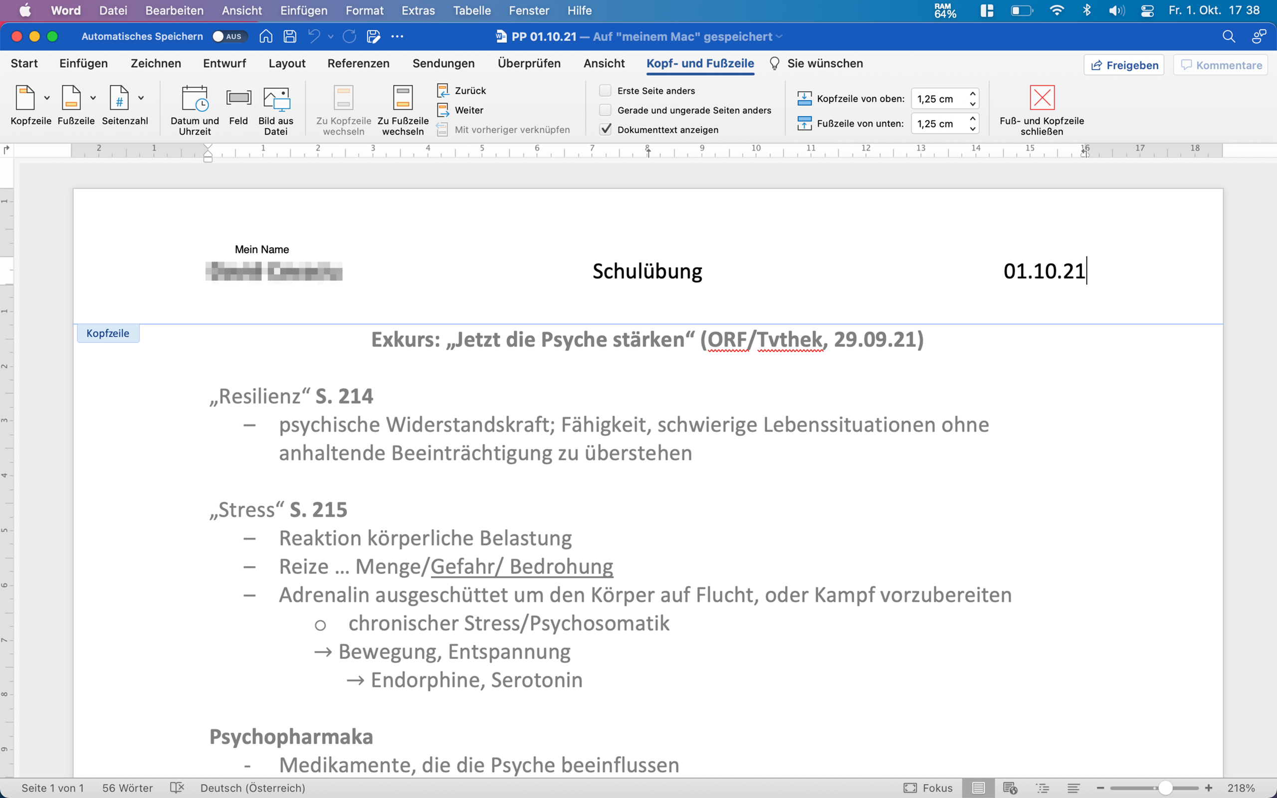 microsoft word kopfzeile