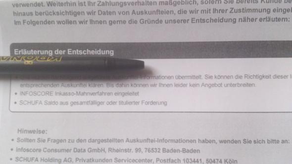 Erläuterung der Ablehnung  - (Kredit, Schufa, infoscore)