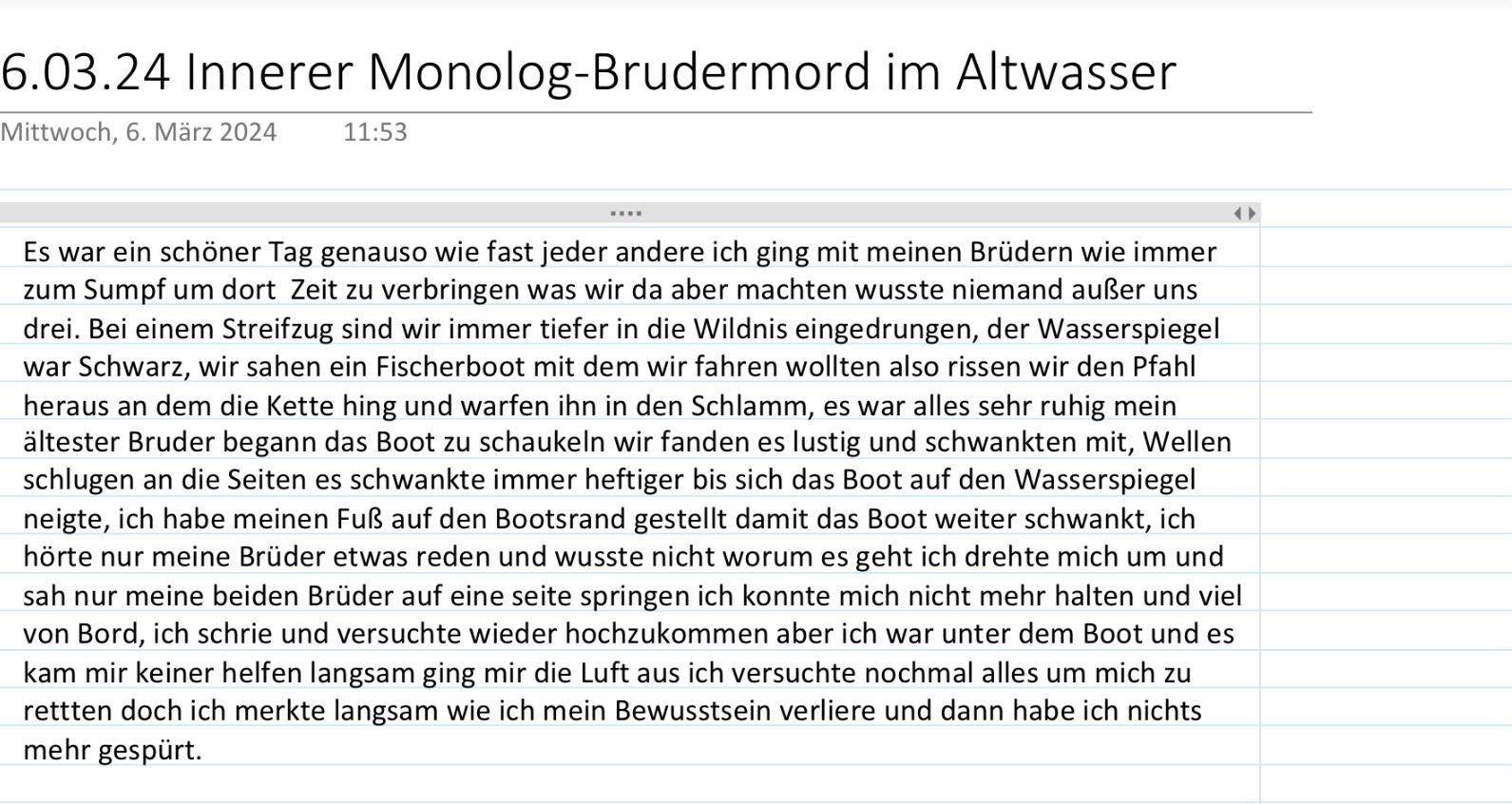 Innerer Monolog Brudermord im Altwasser? (Buch, Literatur, Kurzgeschichte)