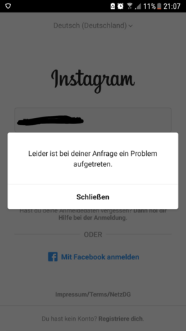 Instagram Anmeldung fehlgeschlagen "Leider ist bei der Anfrage ein Problem aufgetreten"?