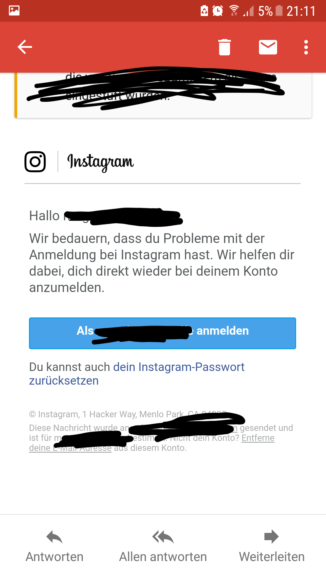 Instagram Anmeldung fehlgeschlagen \