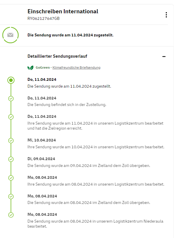 Internationales Einschreiben wurde laut der Deutschen Post am 11.04.2024 zugestellt, doch ich