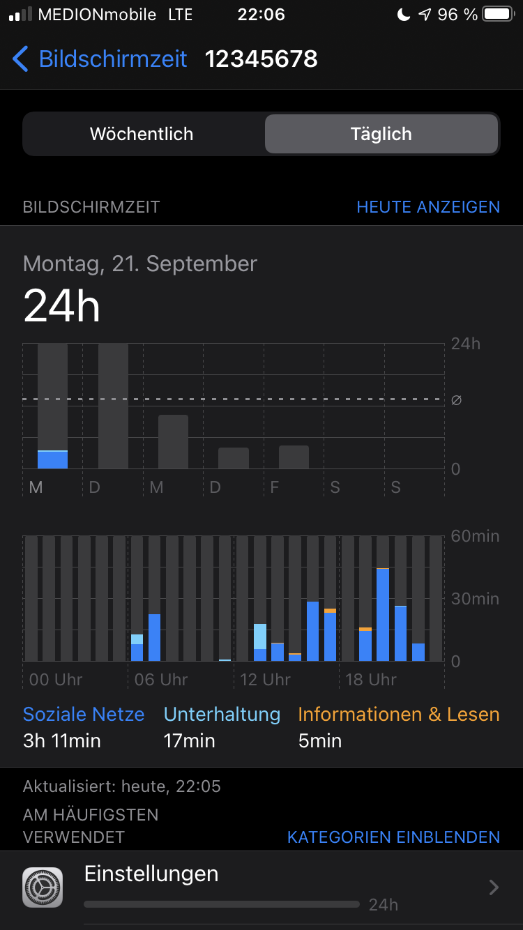 Wo Sehe Ich Wie Lange Ich Am Handy War iPhone 24 Stunden in den Einstellungen? (Handy, Smartphone)