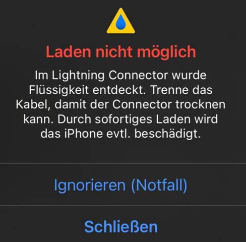 iPhone Nachricht das im Lightning Connector Flüssigkeit gefunden wurde ?