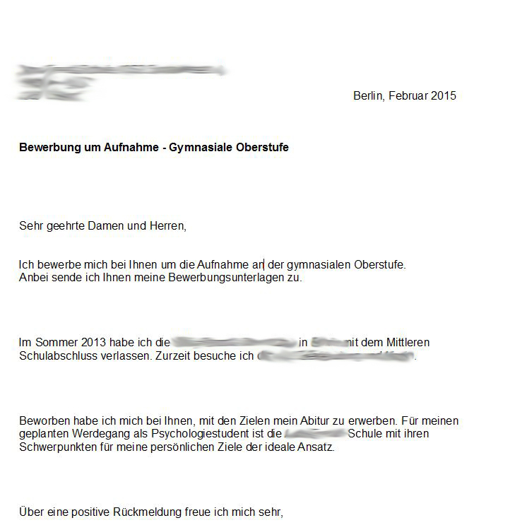 Ist Das Anschreiben Fur Die Gymnasiale Oberstufe Gut Siehe Bild Schule Bewerbung Grammatik Formloses Bewerbungsschreiben Schule