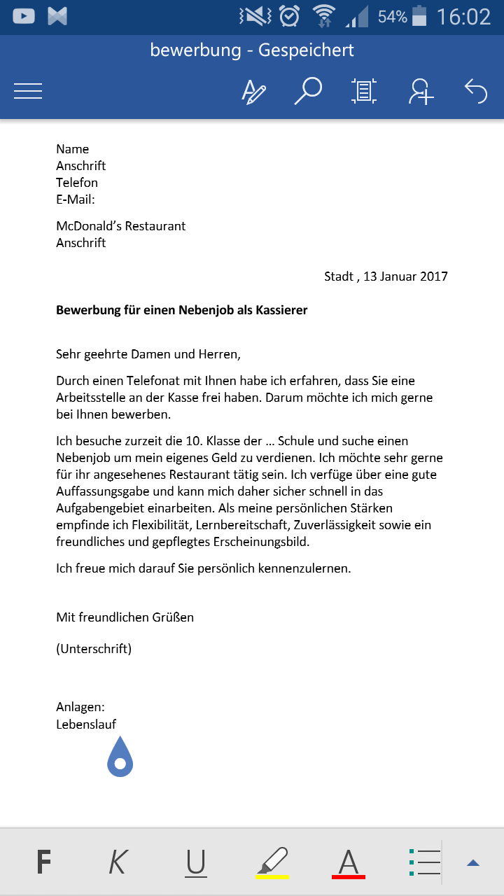 Ist Das Eine Gute Bewerbung Fur Einen Nebenjob Bei Mcdonald S Was Kann Ich Noch Verbessern Mcdonald S