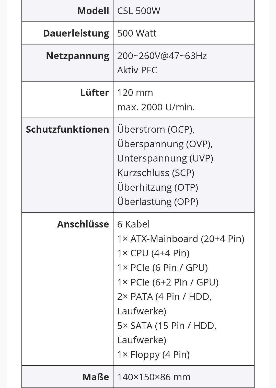 CSL Computer  500 Watt CSL, 82 % Effizienz