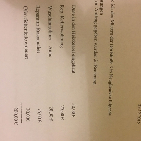 Aufstellung Arbeiten ohne Quittung
- (Vermieter, Mieter, Betriebskosten)