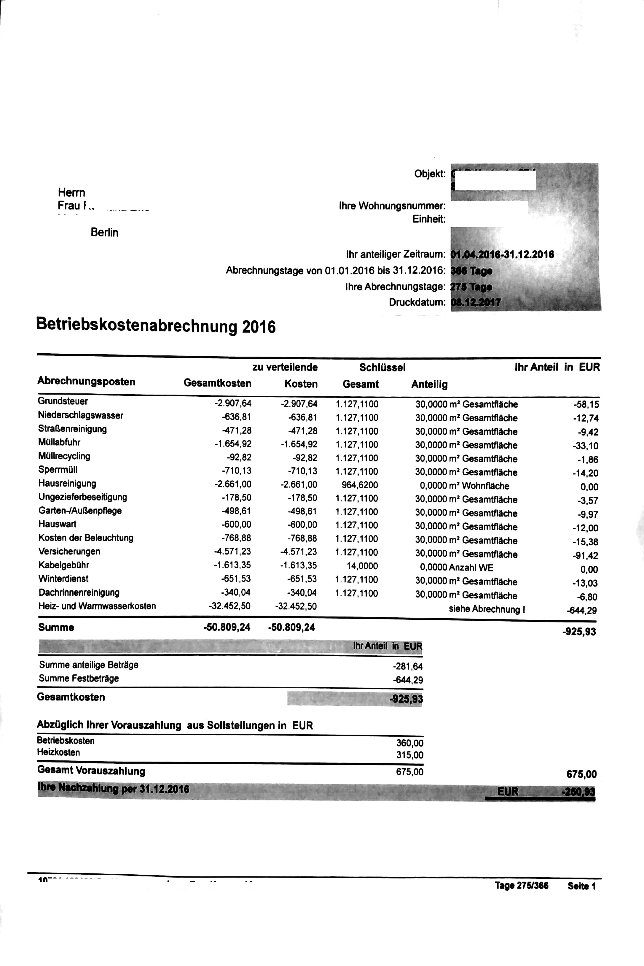 Ist diese Betriebskostenabrechnung normal? (Miete ...