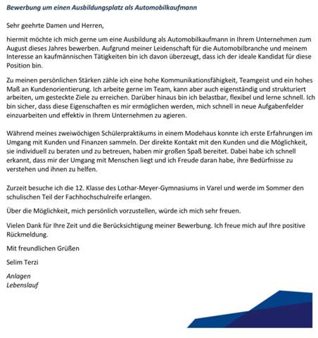 Ist diese Bewerbung für eine Ausbildung als Automobilkaufmann gut