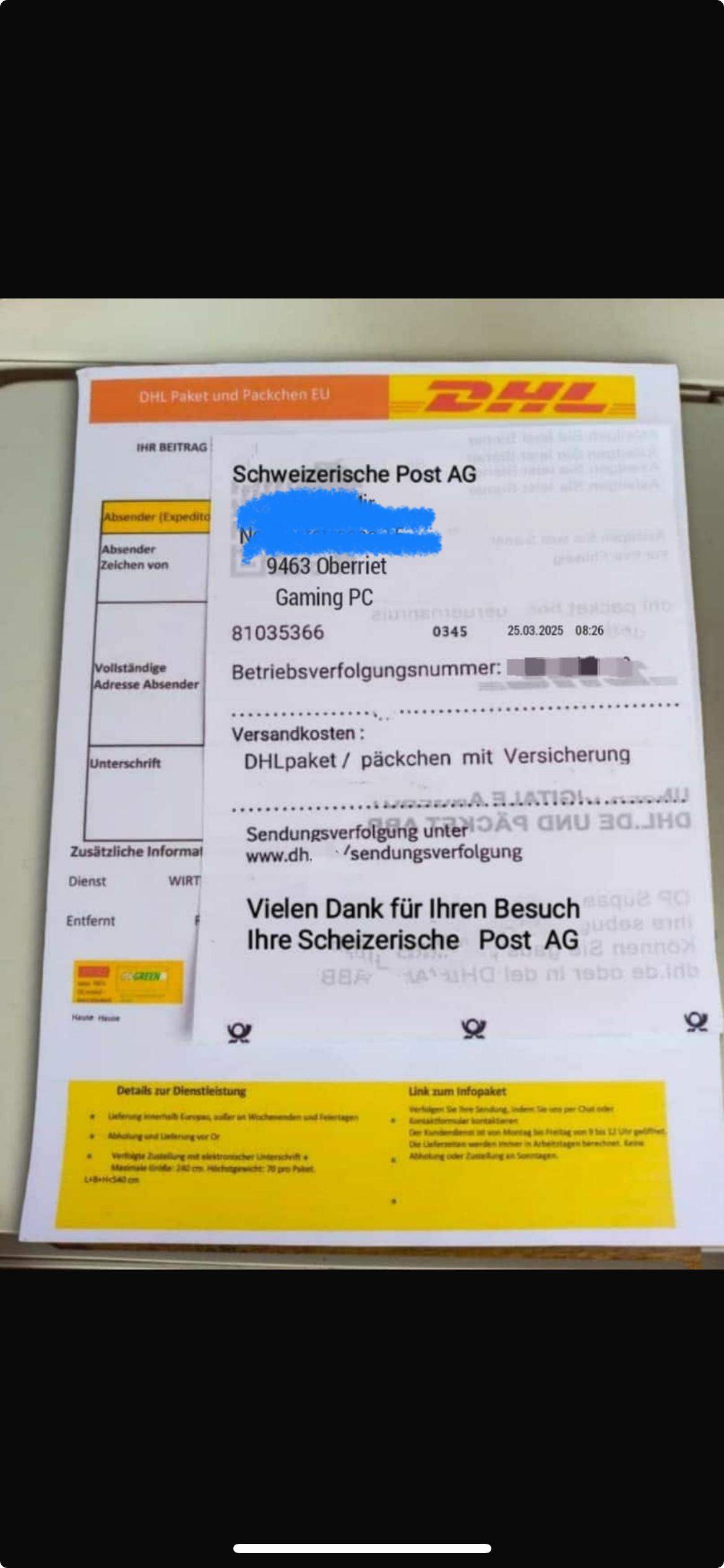 Ist dieser schweizerische Post Beleg echt? (eBay, Versand, Bestellung)