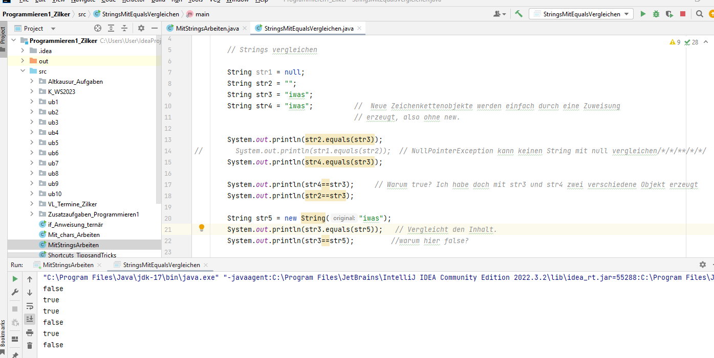 Java Strings vergleichen mit == und .equals? (programmieren, IntelliJ