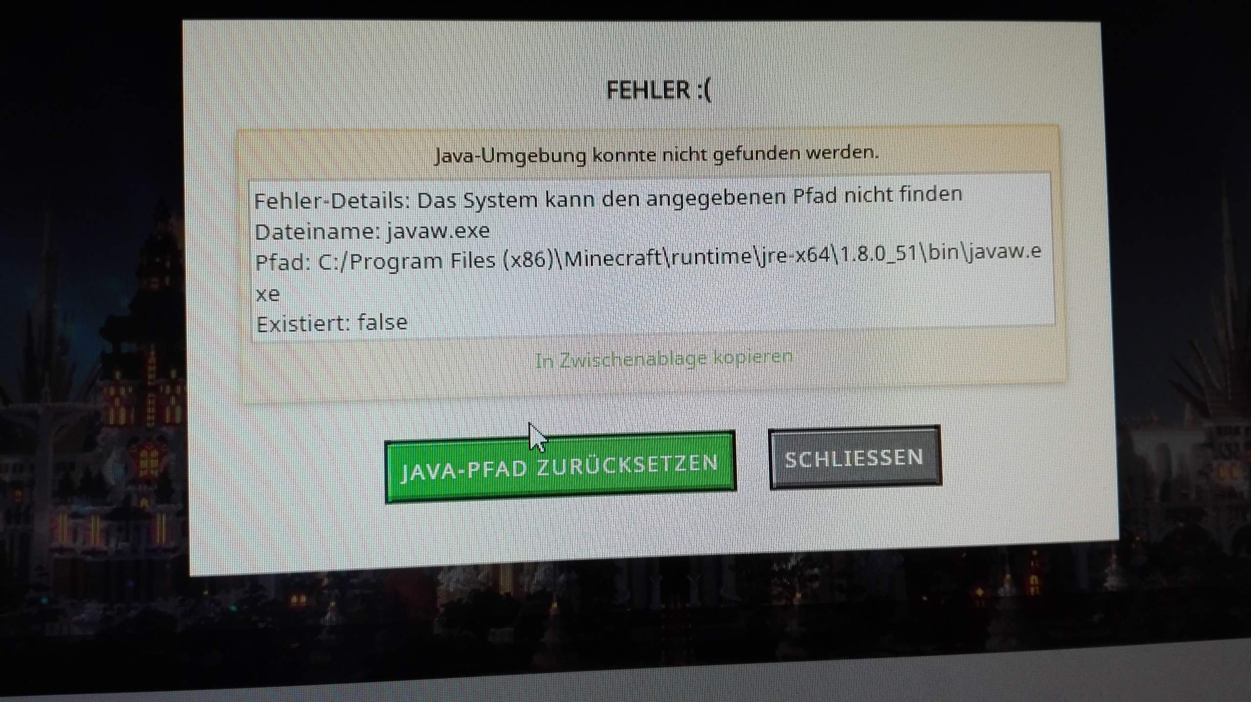 Java-Umgebung konnte nicht gefunden werden in Minecraft? (Computer