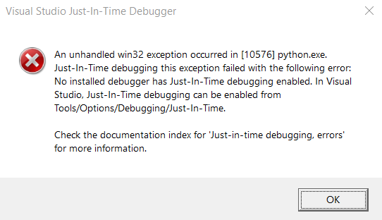 Just-In-Time Debugger erscheint beim Start von Python Datei in Pycharm ...