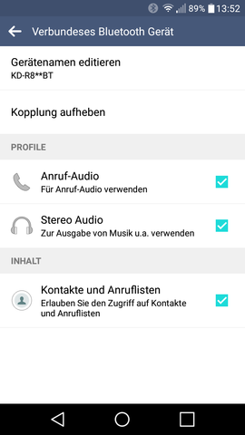 Kontrollhäkchen "Kontakte und Anruflisten" ist aktiviert. - (Android, Bluetooth, Autoradio)