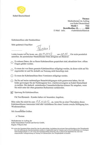 Am 13.11.2013 eingeworfenes Dokument. - (Fernsehen, Anwalt, Kabel)