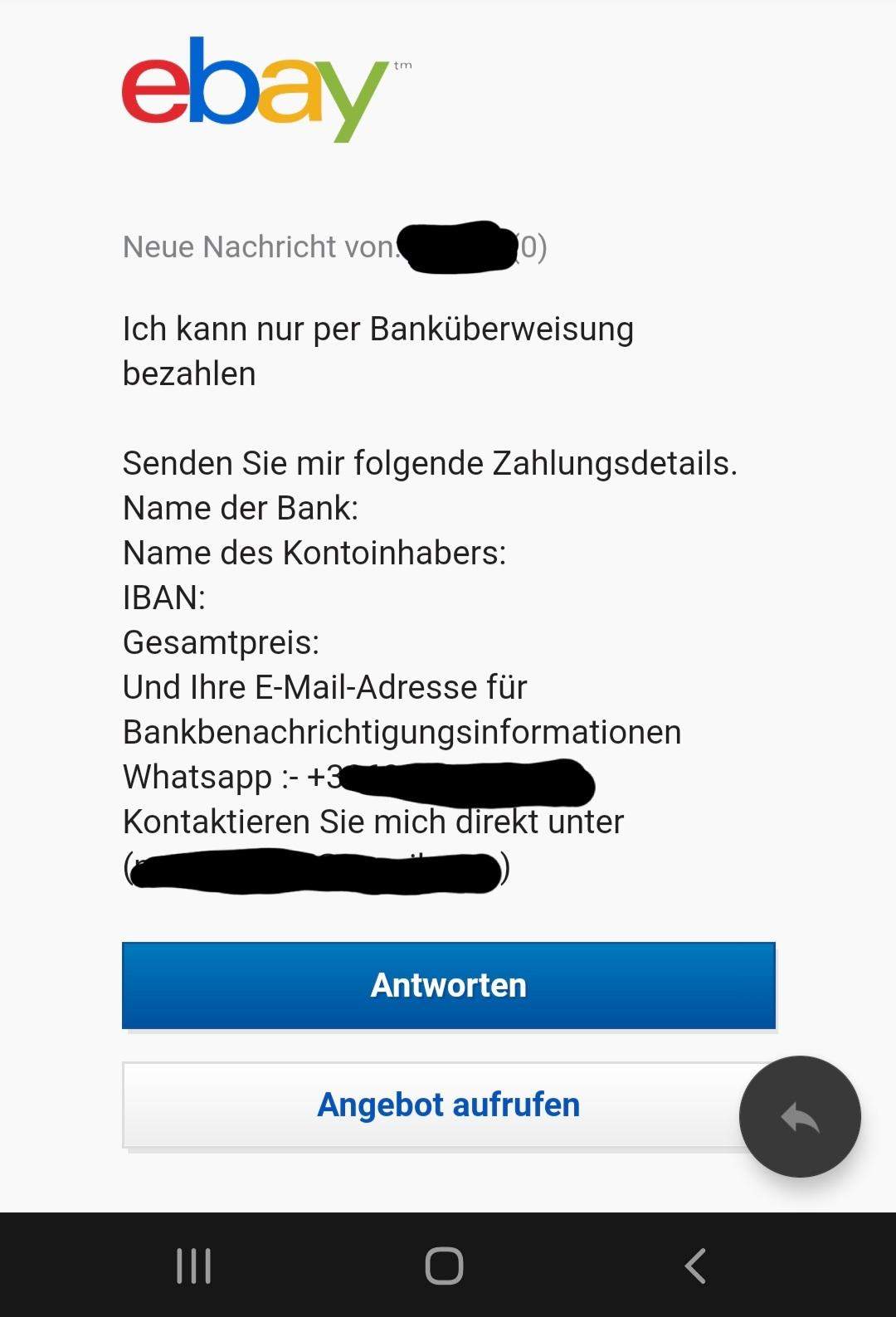 Käufer will Bankdaten? (eBay, Überweisung)