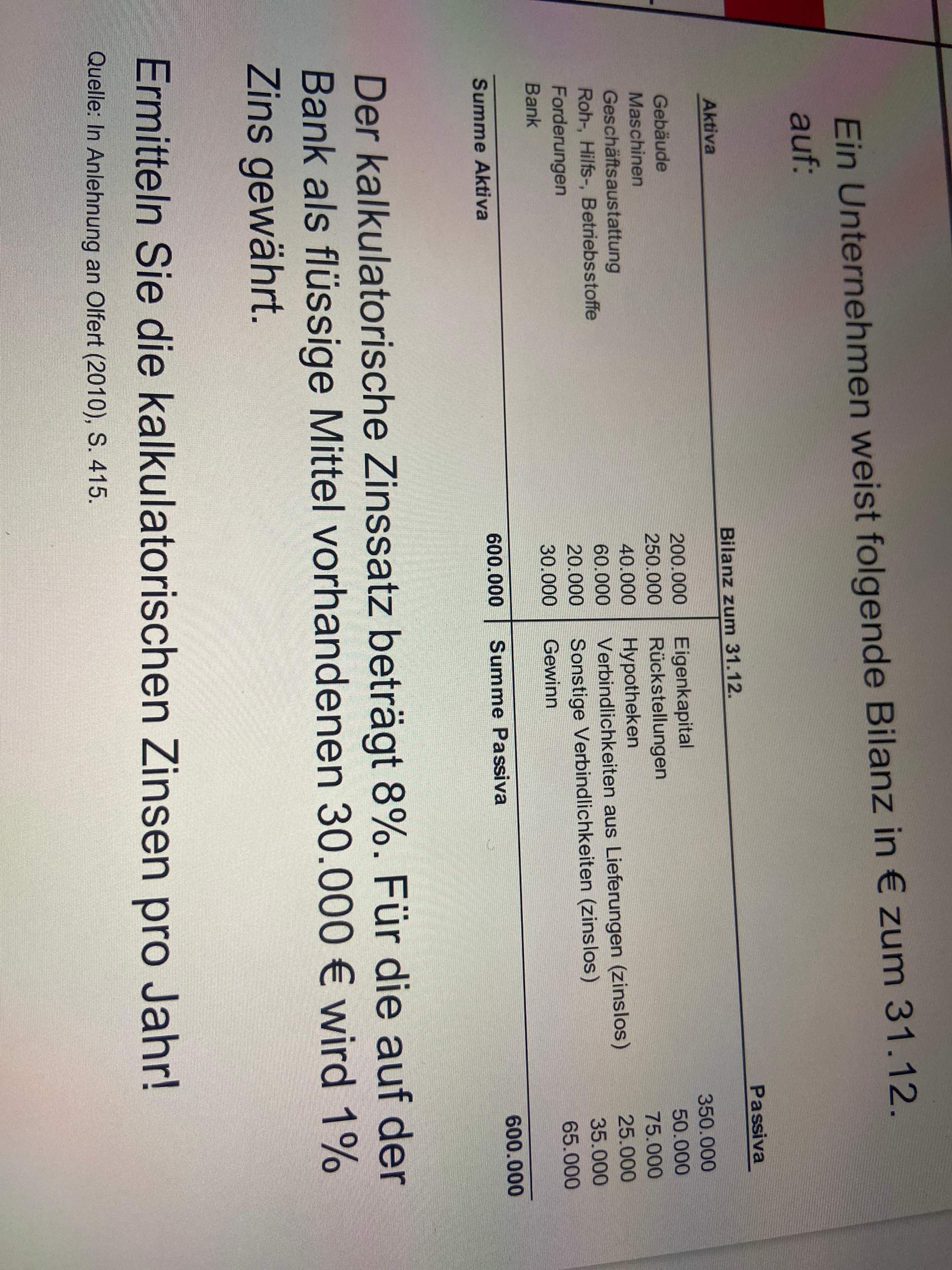 Kalkulatorische Zinsen berechnen? (Mathematik, Studium, Wirtschaft und