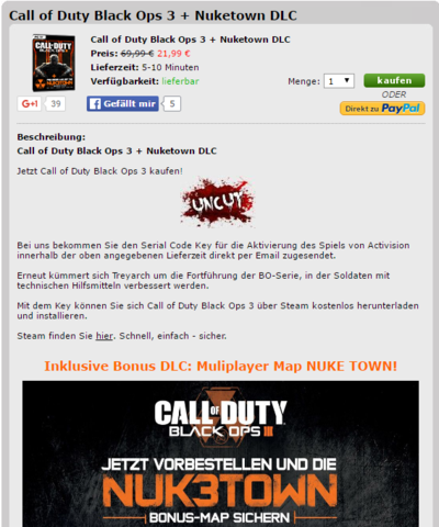 Kan ich Call of Duty Black ops 3 UNCUT in Deutschland auf Steam aktivieren?