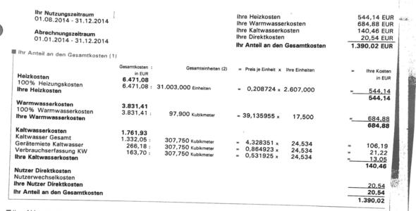 Ausschnitt der Abrechnung - (Mietrecht, Nebenkostenabrechnung, Abrechnung)