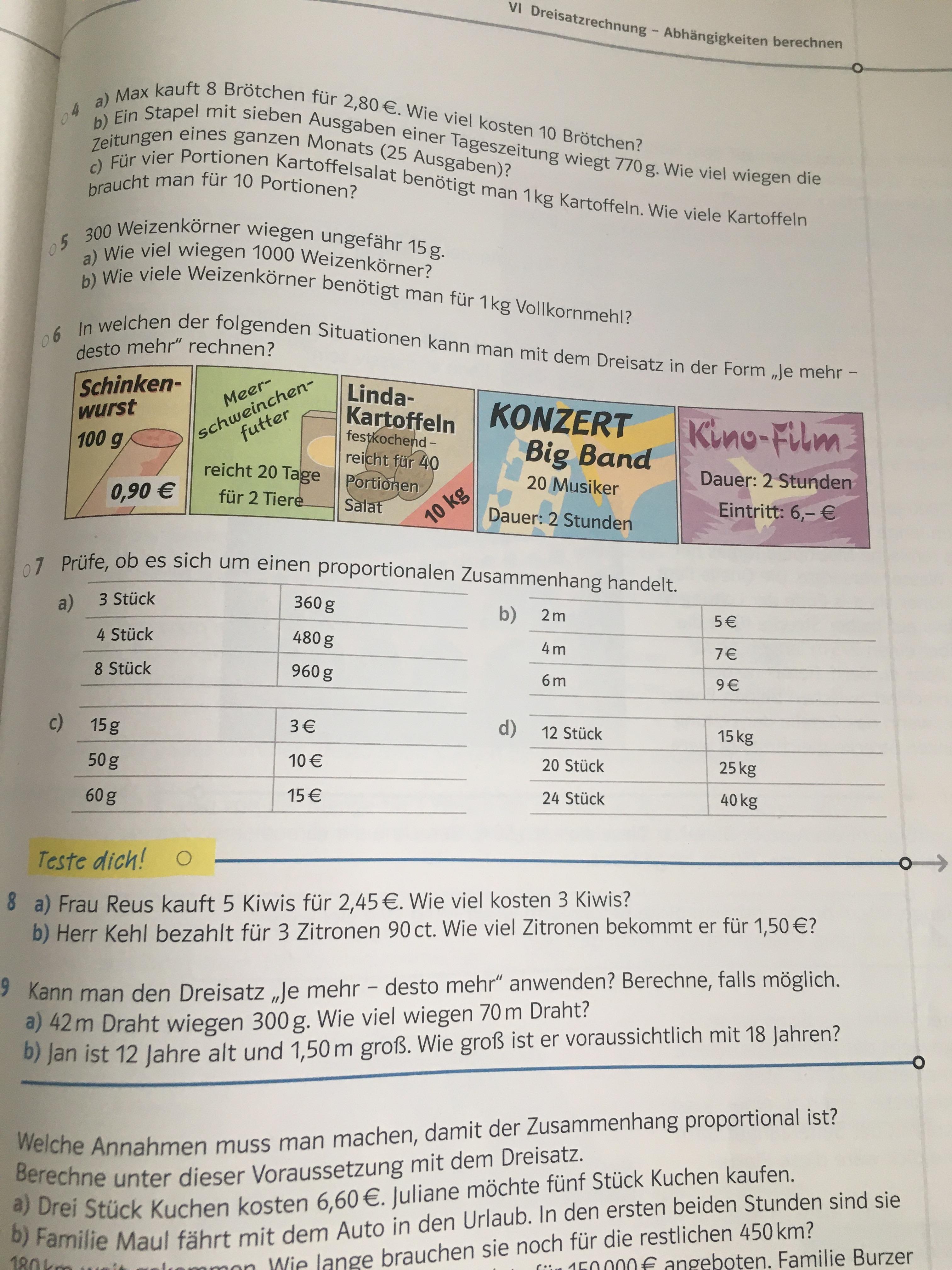 Kann jemand mir Mathe 7.Klasse Bw Gymnasium Dreisatz bei proportionalen