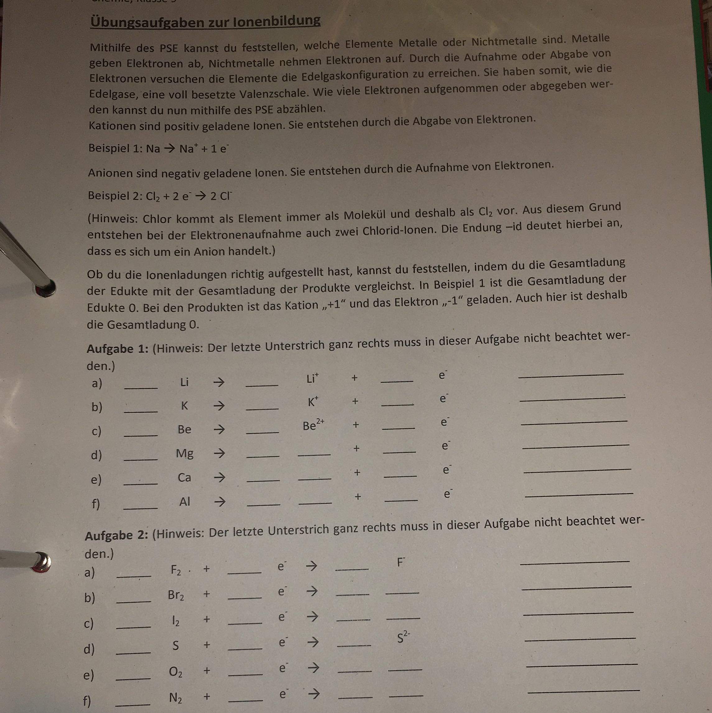 Kann mir jemand helfen (Chemie, Klasse 9)? (Schule, Hausaufgaben)
