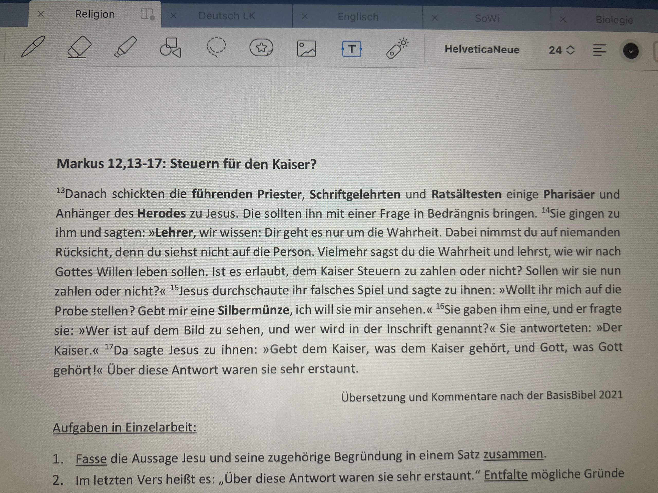 Könnt ihr mir erklären was die genaue Aussage ist (Markus 12, 13-17