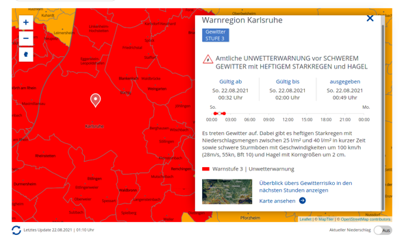 Könnte es gleich(22.08.21 um ca. 2 Uhr) in Baden-Württemberg Überflutungen geben?