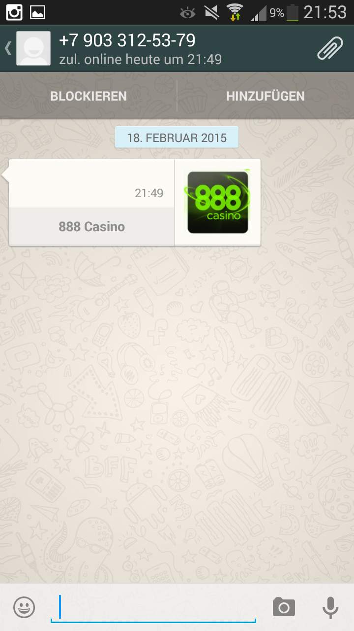 Komische WhatsApp Nachricht von einer unbekannten Nummer Kontakt 888 Casino Spam unbekannte 