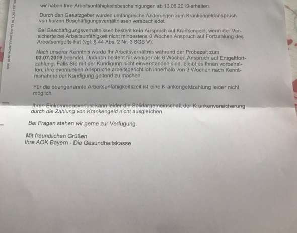 Krankengeld Abgelehnt Obwohl Ich Gekundigt Worden Bin In Der Probezeit Wegen Einer Knieverletzung Recht Arbeit Kundigungsfrist