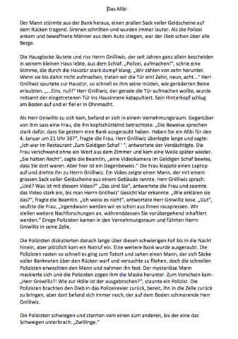 Kurzgeschichte gut (das Alibi)? (Schule, Film, Deutsch)