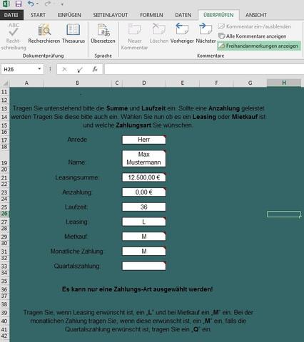 Grund daten Eingabe - (Microsoft Excel, Berechnung, Leasing)