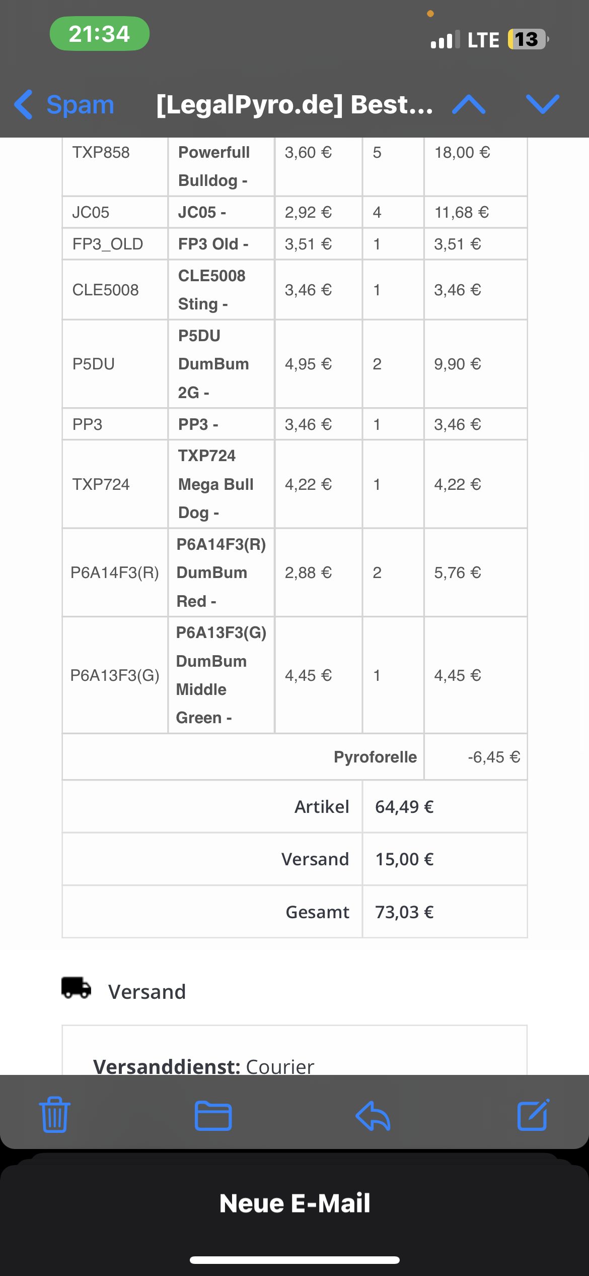 Legalpyro Bestellung berweisungs Probleme Paket berweisung Lieferung 